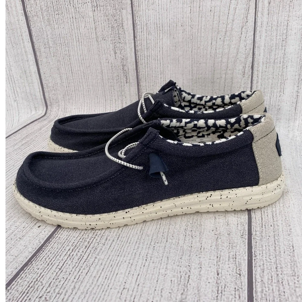 Hey Dude Wally Canvas Stretch Mens 15 Navy Loafers Slip On Shoes Lightweight